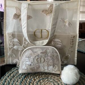 Authentic Dior Cream Floral Embroidered Tote and Pouch (last stock)